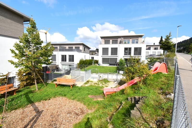 fenced garden with a slide, benches, and a tree