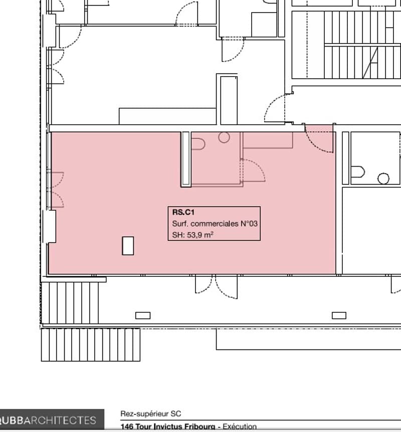 Main floor plan with RS.C1 indicated, surf. commercials N°03, SH: 53,9 m²