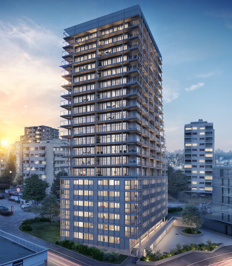 high-rise residential building with many balconies