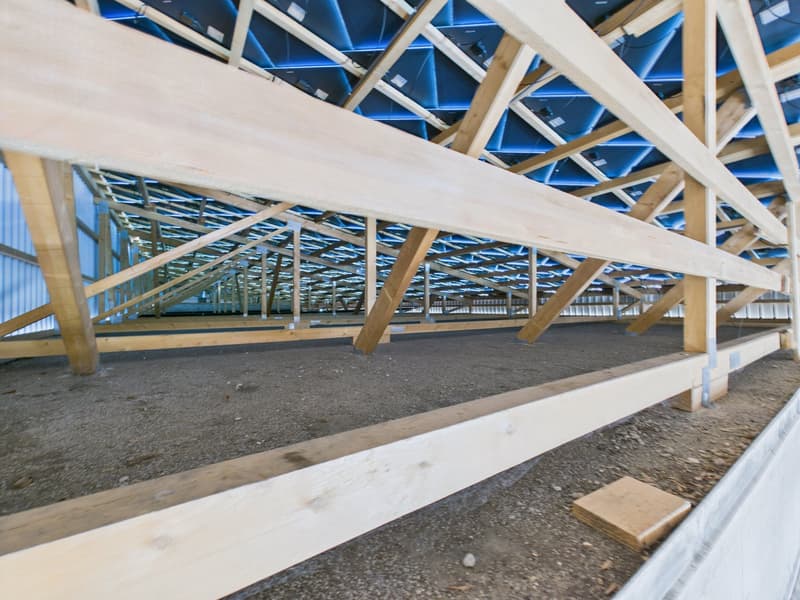 Wooden structure, Blue trusses, Exposed beams, Unfinished floor, No windows, Open space
