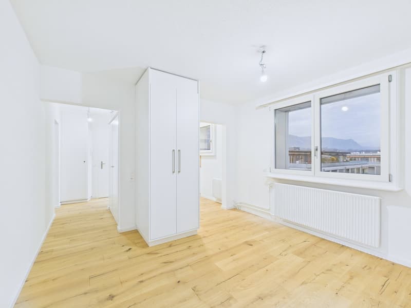 Empty room with white walls, wooden floor, a white wardrobe, and large windows
