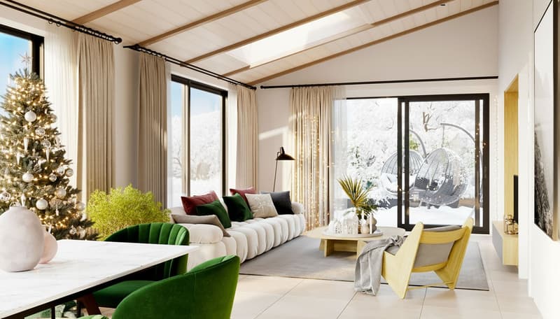 Bright living room with large windows, couch with cushions, wooden table, chairs, lamp, decorative tree