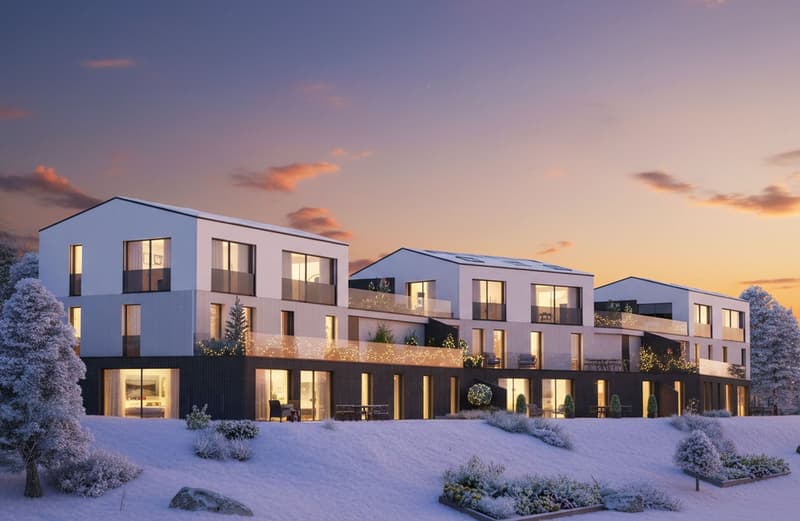 modern design, three buildings, multiple floors, glass windows, balconies, snow covered ground