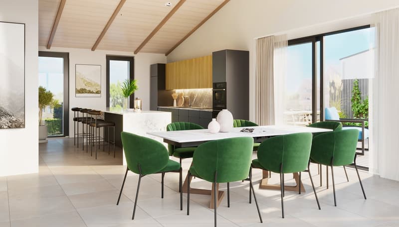 modern dining area with marble table and green chairs, adjacent kitchen with island, wooden cabinets, white counters, stainless steel appliances, large windows