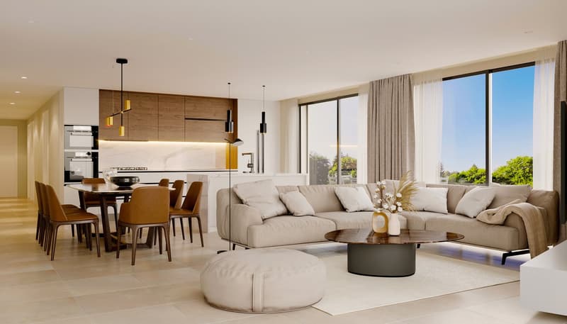 Open floor plan, modern L-shaped sofa, dining table, wooden floor, large windows, terrace view