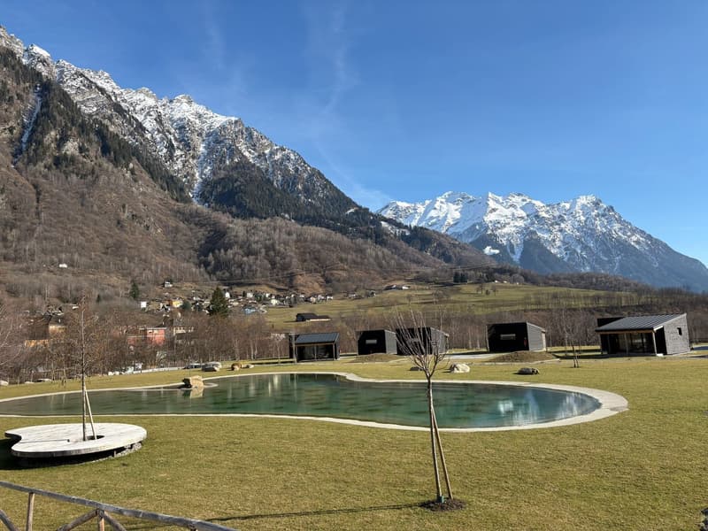Wide swimming pool, wooden deck, trees, mountains, buildings, village
