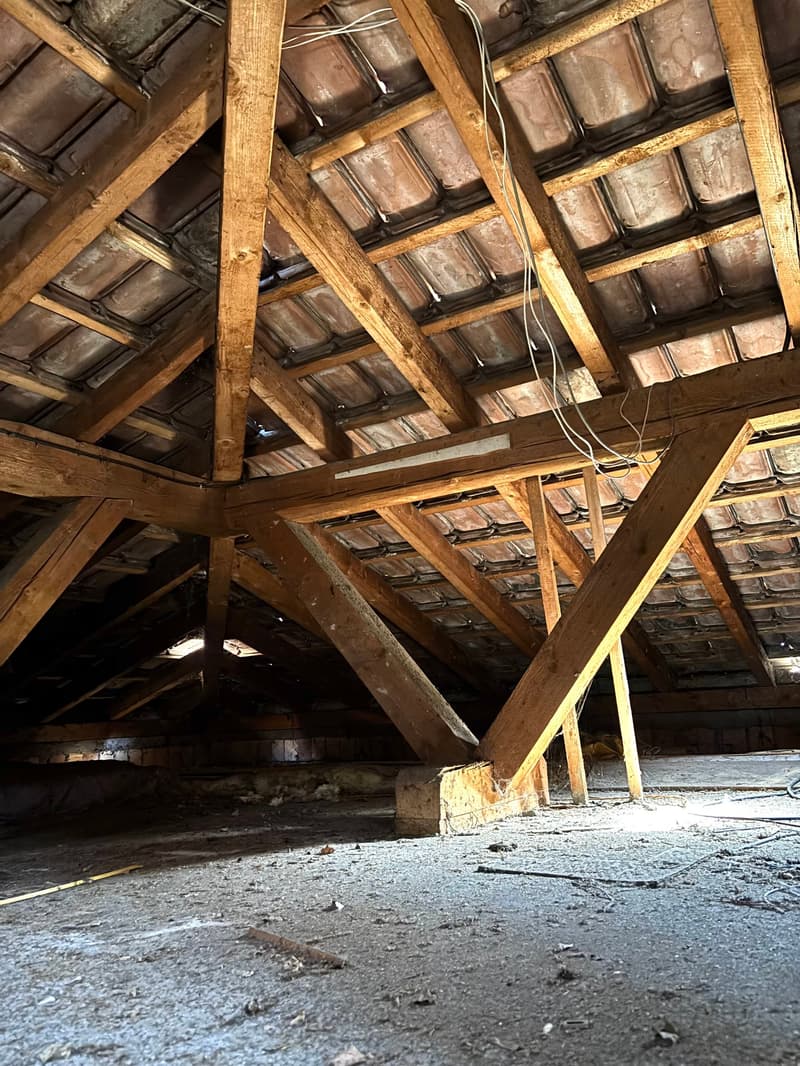 The image shows the interior of an attic space with a wooden frame and roof structure. The ceiling is made up of rows of glass or translucent panels, likely used for natural lighting. The floor is covered in debris and appears to be unfinished.