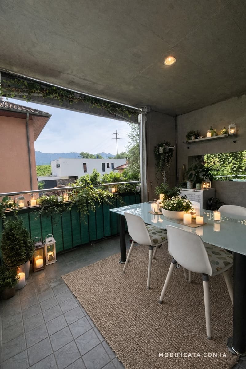 Balcony with dining table, chairs, candles, plants, rug, and a view of the mountains