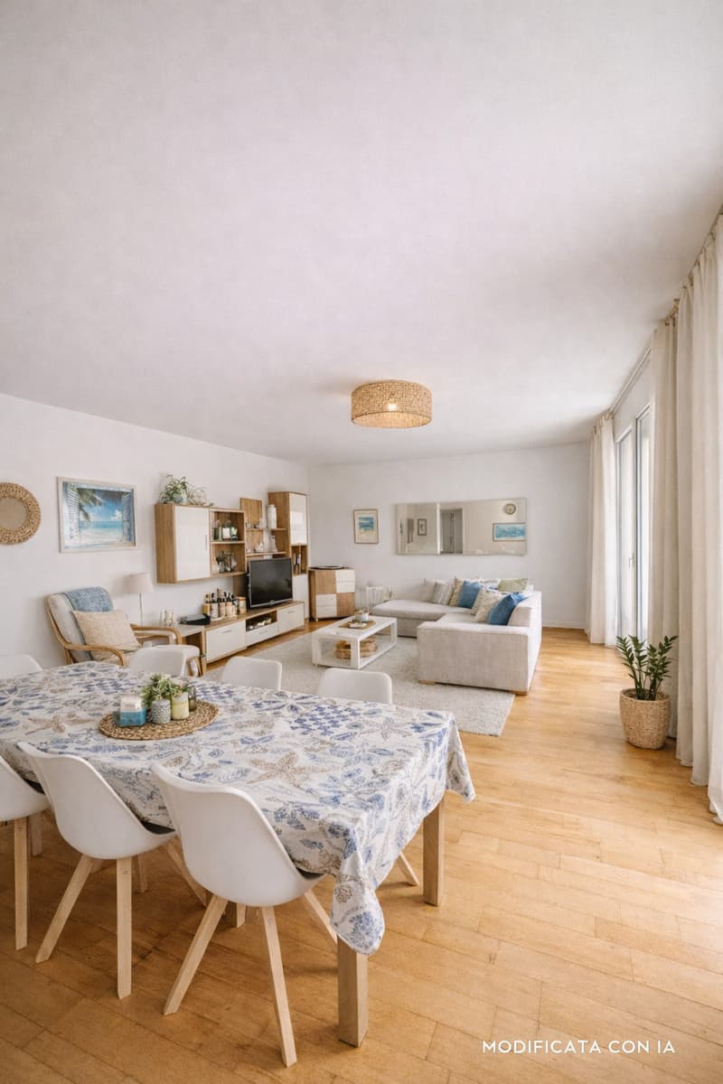 modern living room, white walls, wooden floor, large windows, dining table, couch, TV, coffee table, shelves, lamps, plants