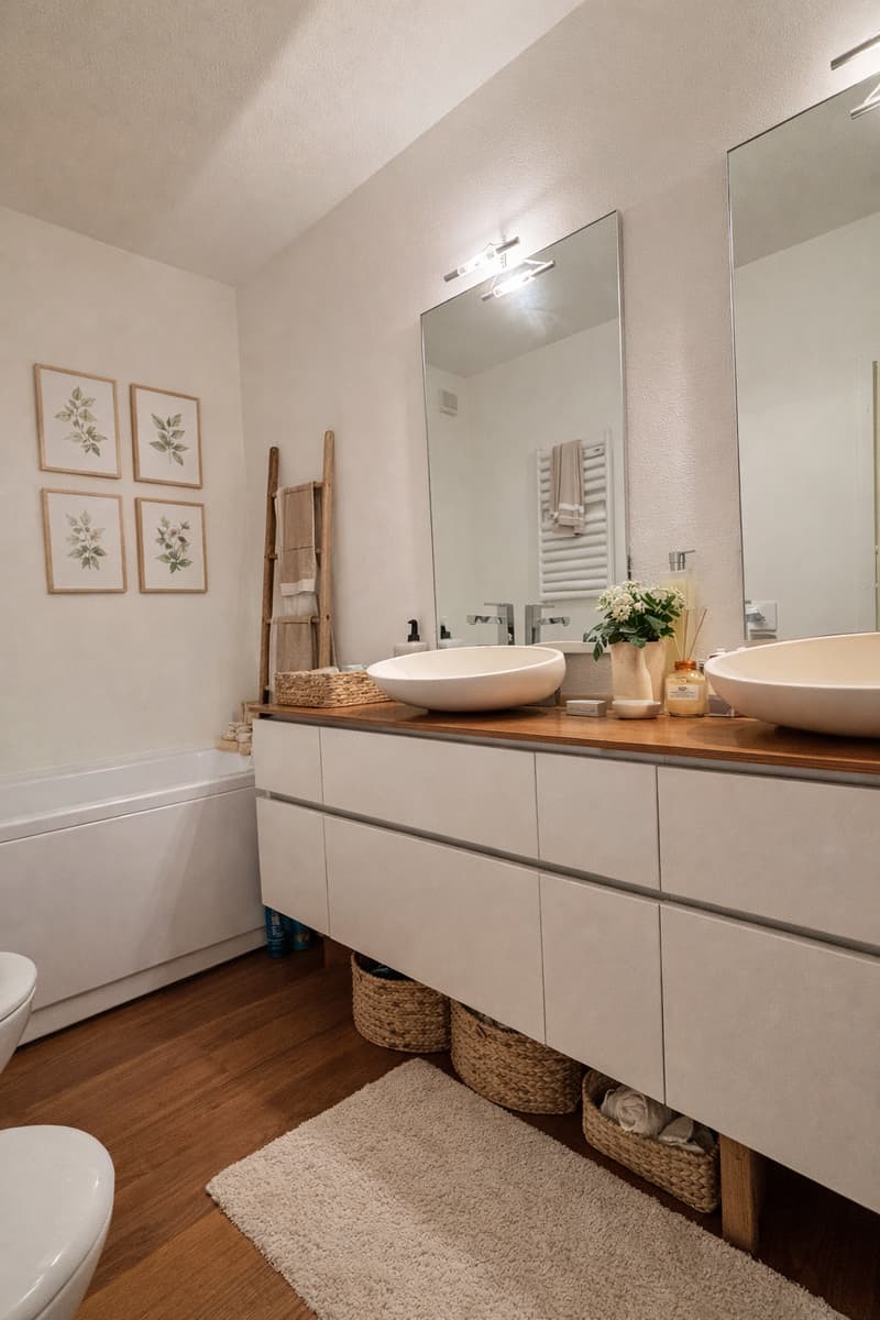 Bathroom with white bathtub, white sink, wooden floor, white cabinets, two mirrors, and a white rug