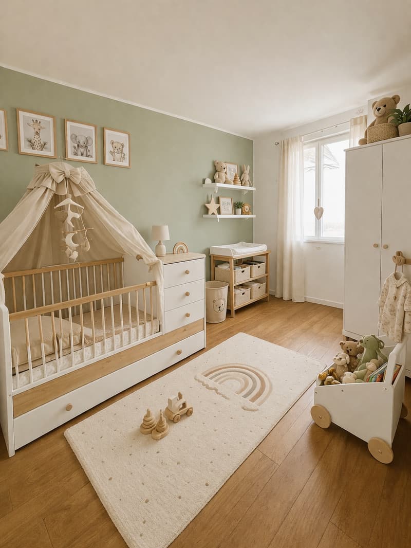 baby room with crib, changing table, shelves, wardrobe, toys, rug, lamp, window with curtains