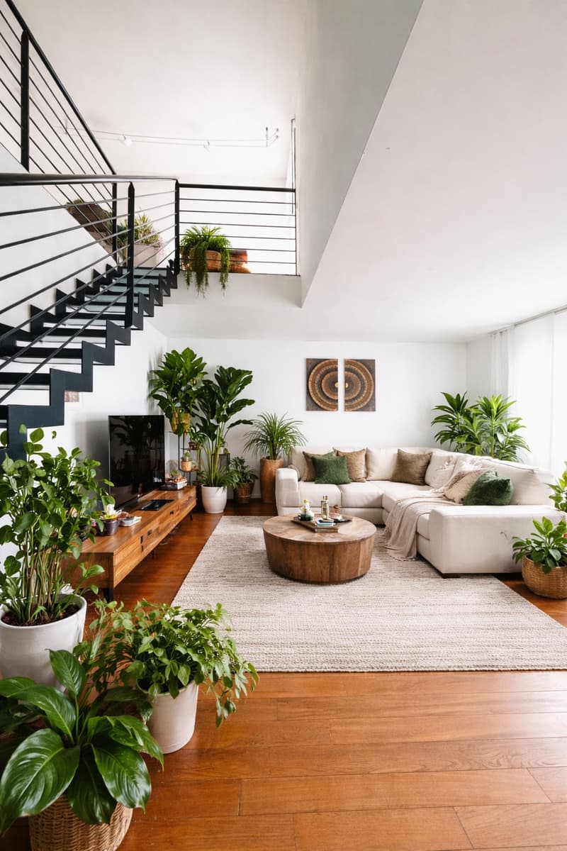 modern living room, white couch, wooden coffee table, large windows, wooden floor, many plants, staircase