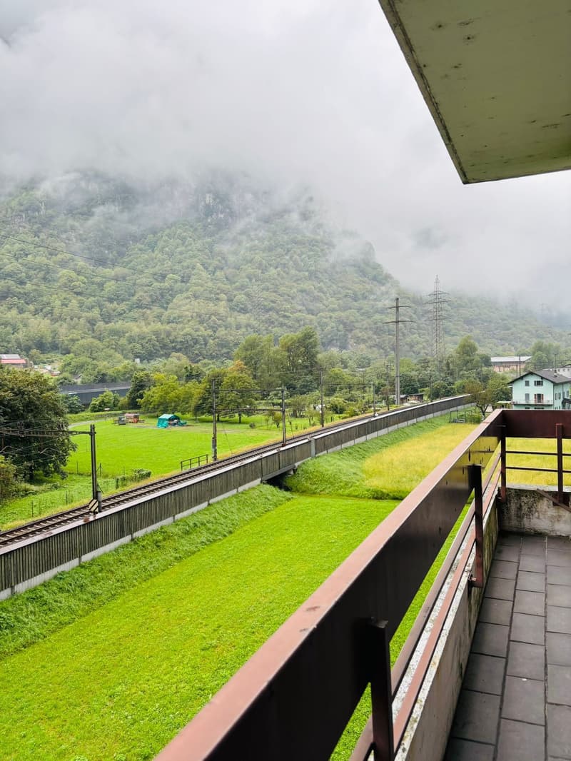 balcony overlooking the garden with green grass, mountain and trees
