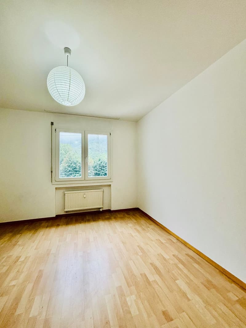 Empty room with wooden floor, white walls, large window, ceiling lamp, and white radiator.