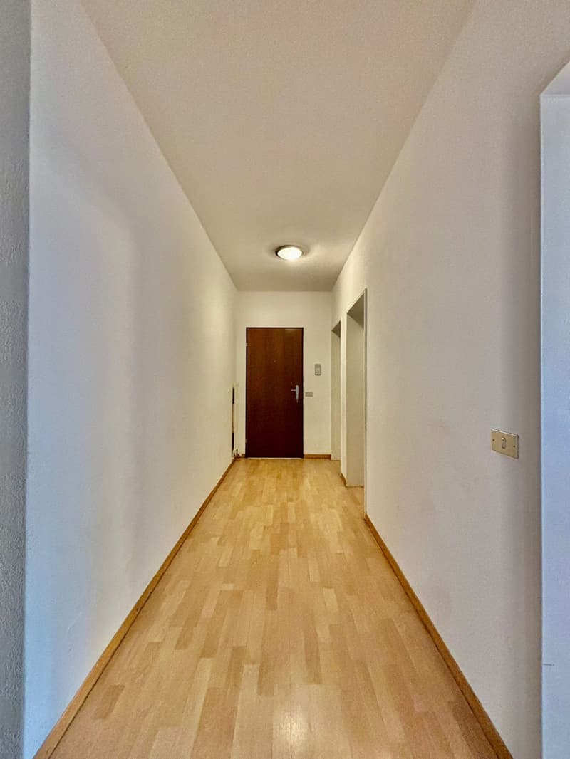 Empty corridor with wooden floors and white walls, a brown door at the end.