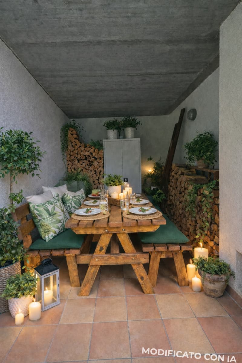wooden table, wooden benches, green cushions, candles, plants, wooden logs