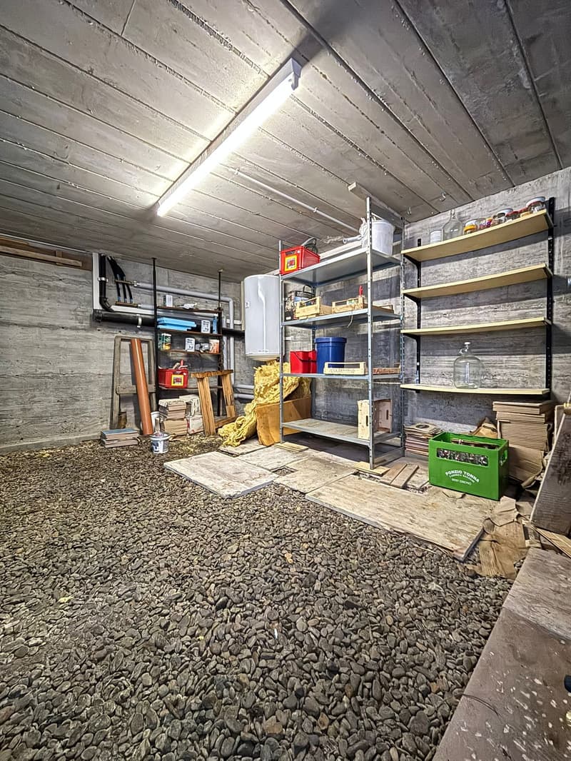 A basement room with concrete walls, a ceiling light, shelves, a water heater, and various items on the floor.