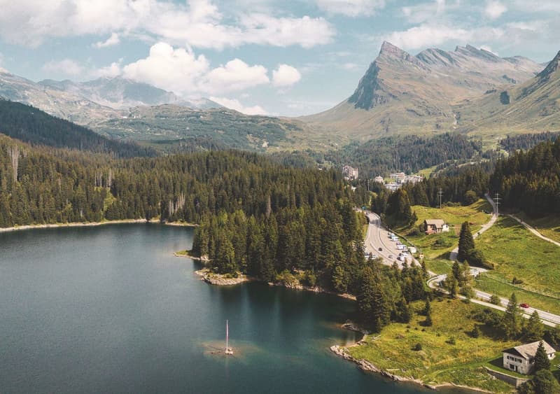 lake in a mountainous region, with dense forest, mountains, and a road