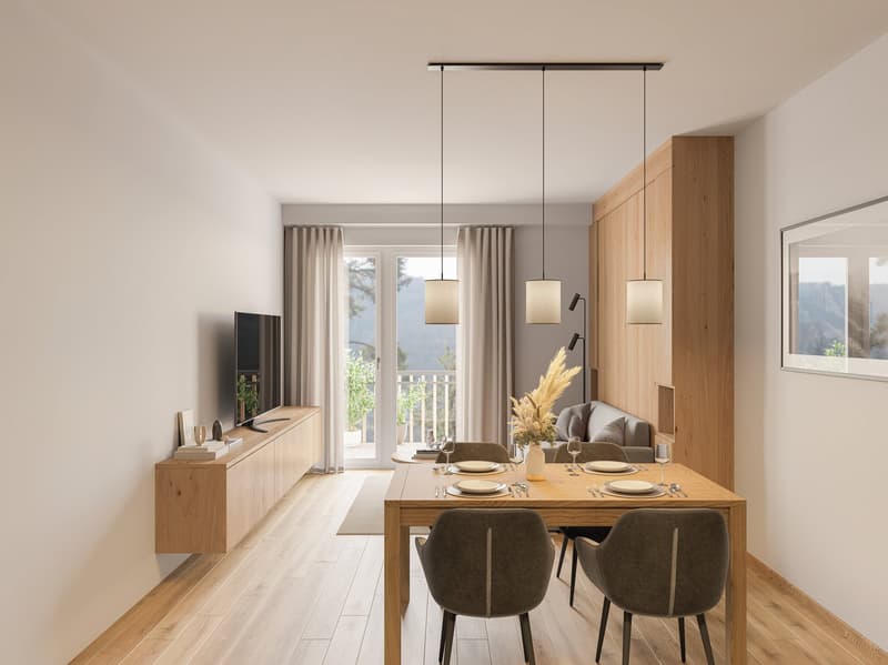 Modern interior with wooden table and chairs, beige curtains, TV on cabinet, floor-to-ceiling windows leading to balcony, glass pendant lights, framed picture on wall, and a rug on the floor.