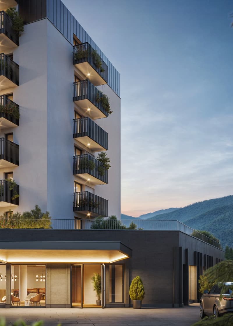 Modern residential building with 6 floors, balconies on each floor, entrance on ground floor