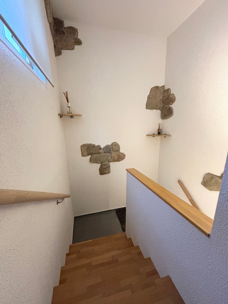 white wall, wooden stairs, shelves on wall, decorative rocks on wall