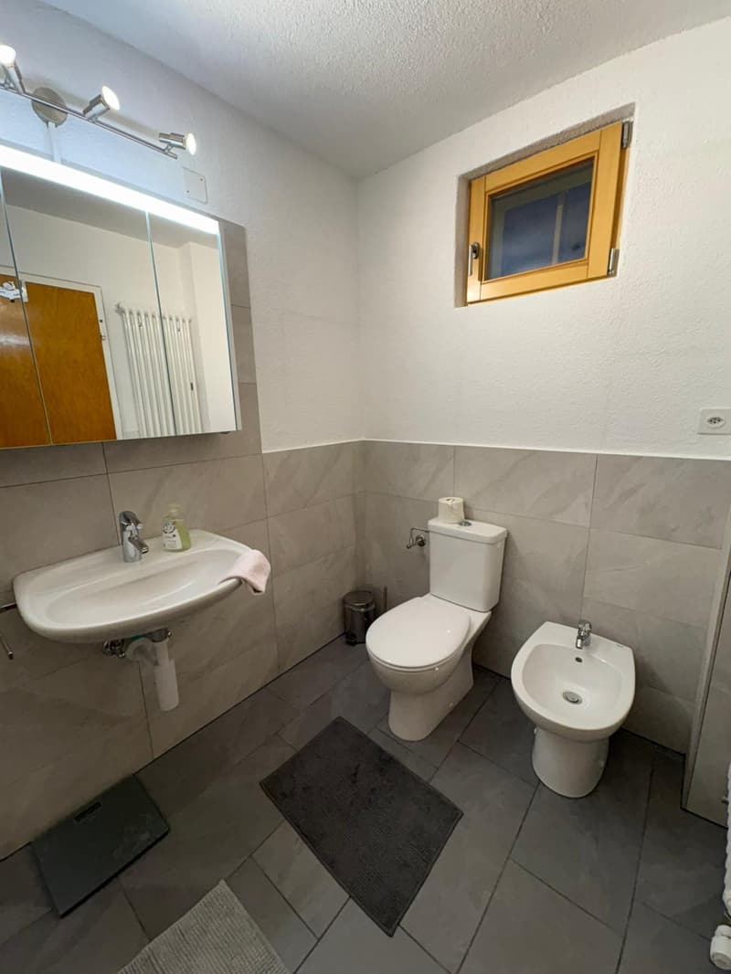 Bathroom with sink, toilet, bidet, mirror, floor mat, and window