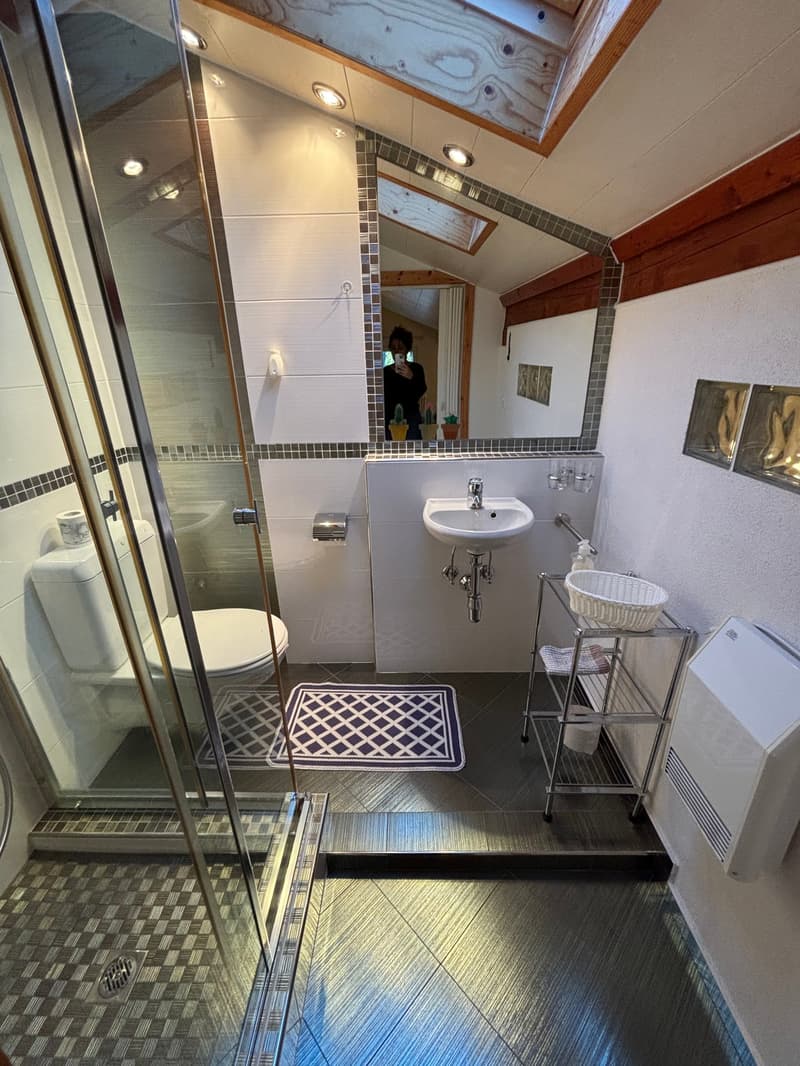 Modern bathroom, glass shower enclosure, white ceramic tile, floor, white toilet, white sink, full mirror, storage basket, silver shelving unit