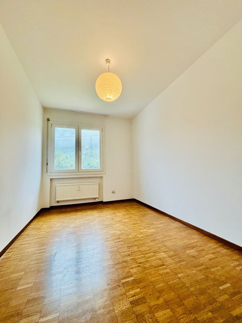 empty room, wooden floor, white walls, radiator, window, pendant light