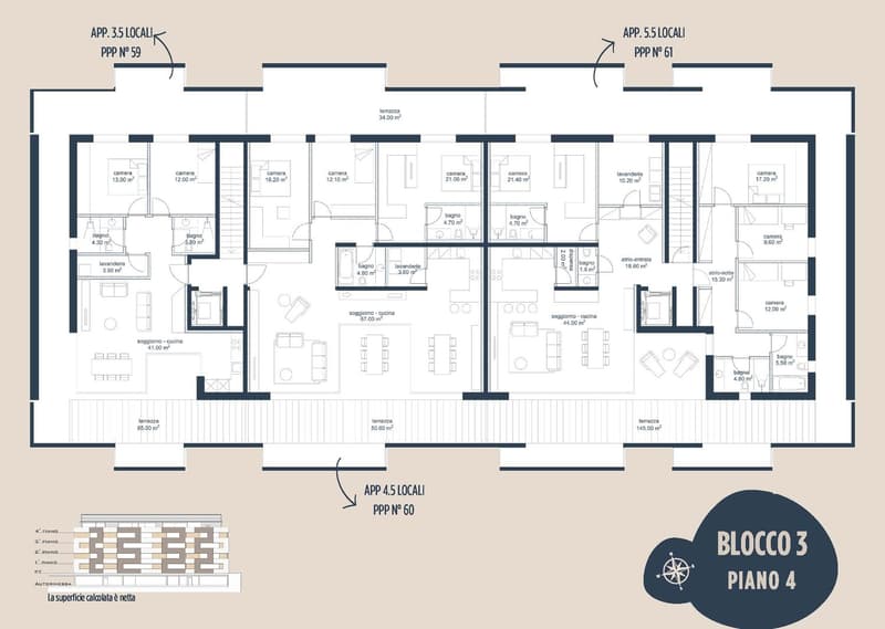 The floor plan shows a multi-unit residential building with 3 apartments per floor. Each apartment has a living room, kitchen, 2-3 bedrooms, and 1-2 bathrooms. There are also balconies or terraces for each apartment.