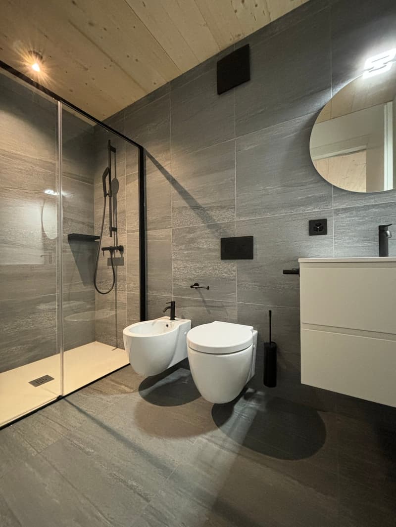 Modern bathroom with a glass walk-in shower, a bidet, a toilet, and a large vanity with a sink. Gray tile flooring and walls. Mounted mirror and recessed lighting.