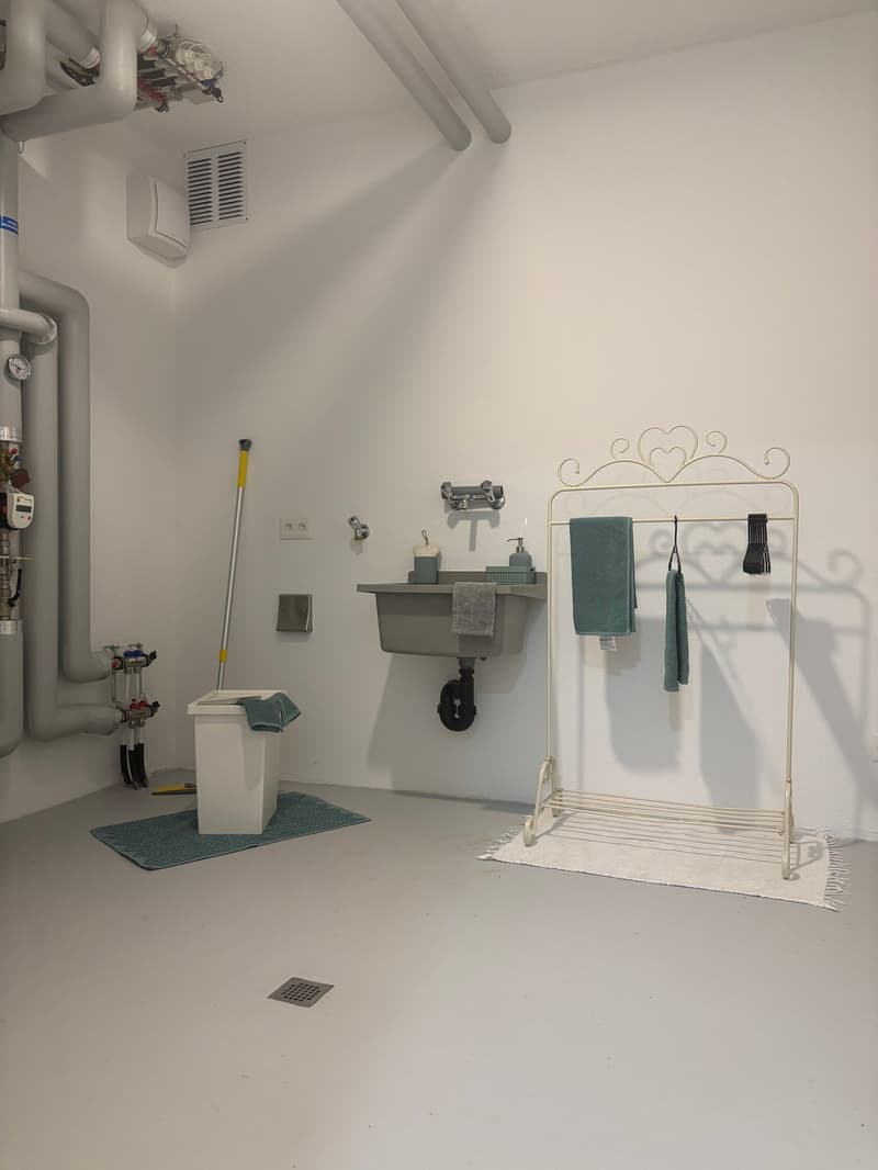 Sink, rack, white walls, grey floor, pipes, drain, washing machine, trash bin