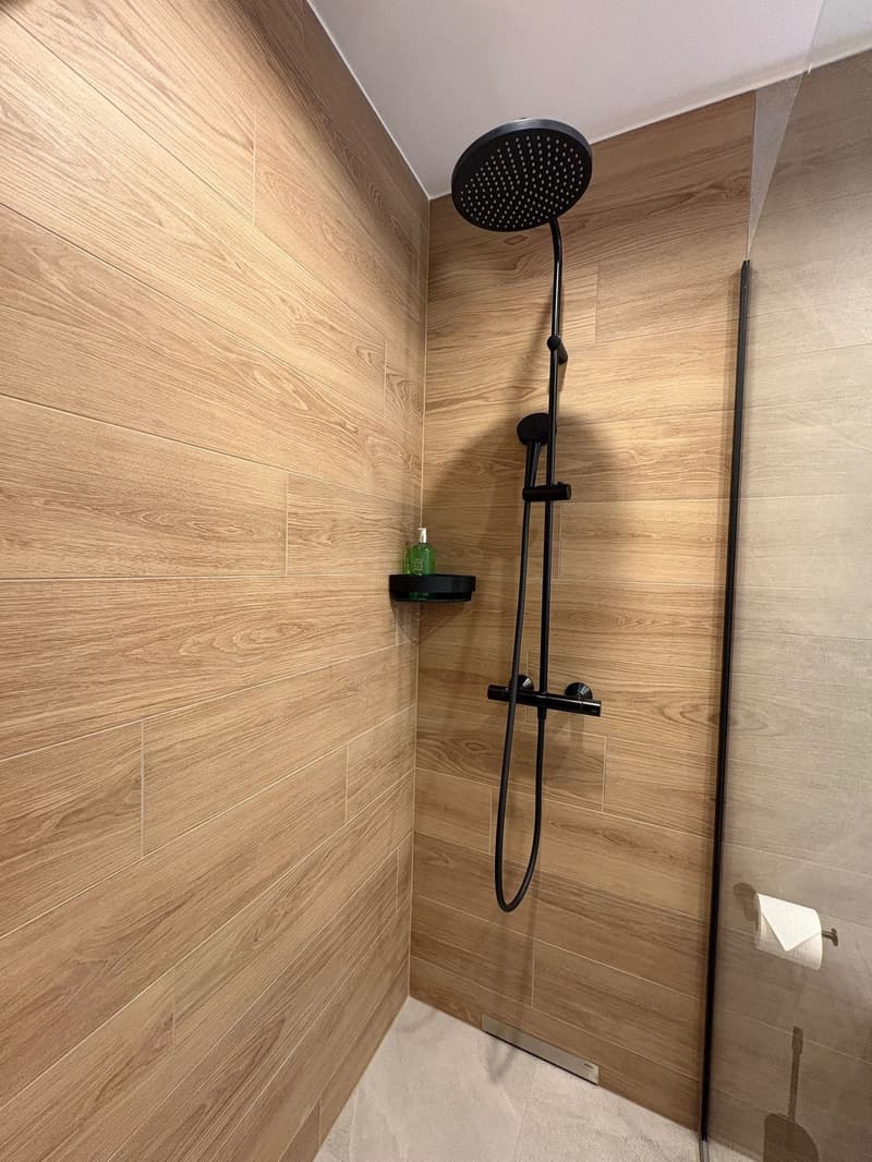 wooden wall, modern shower head, soap dispenser, glass shower enclosure