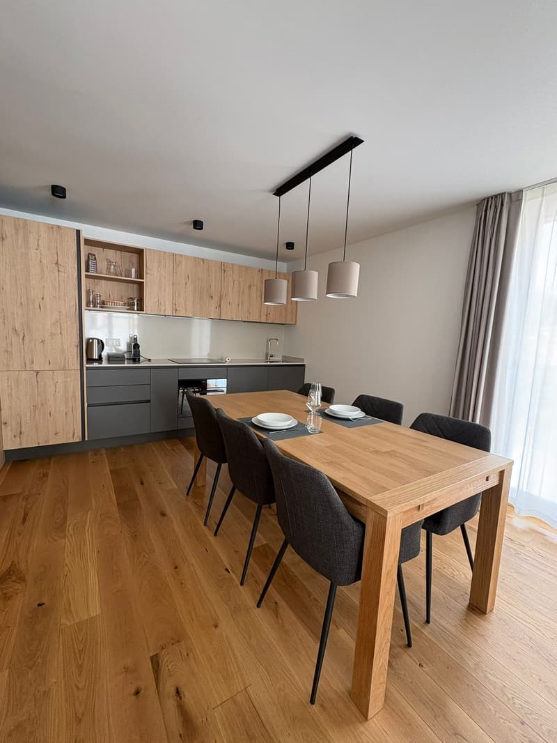 open concept kitchen, wooden dining table, modern wooden cabinets, wooden flooring
