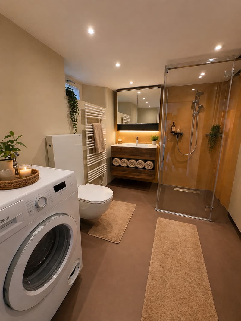 modern bathroom with white washing machine, shower, toilet, sink, wooden cabinet, mirror, towel rack, and plants