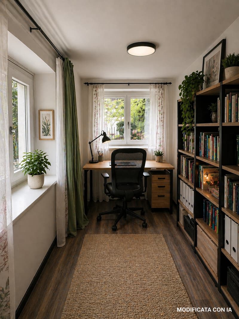 Home office with desk, chair, lamp, books, plants, rug, and windows