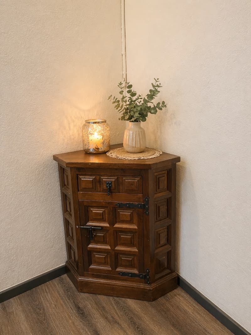 Corner cabinet with drawers and a shelf, a candle, and a plant in a vase