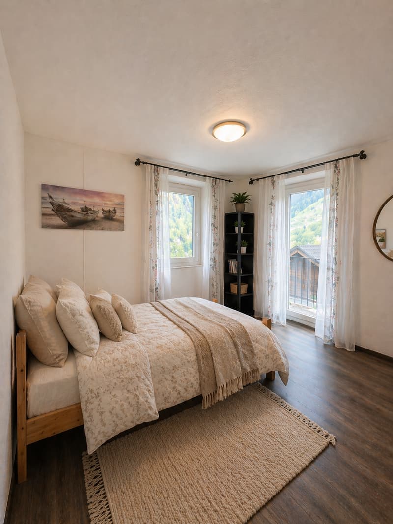 Bedroom with bed, pillows, rug, wooden floor, white walls, ceiling light, two windows with curtains, a shelf with potted plants, a painting, and a mirror.