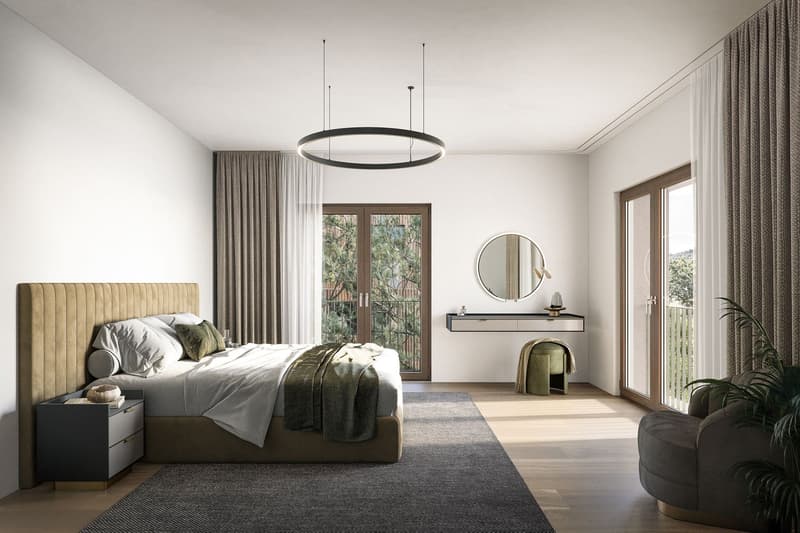 modern bedroom with a large bed, white walls, beige headboard, nightstand, round ceiling lamp, large windows leading to a balcony