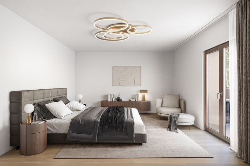 master bedroom with bed, wooden nightstands, carpet, cabinet, armchair, lamp, sliding glass door to terrace