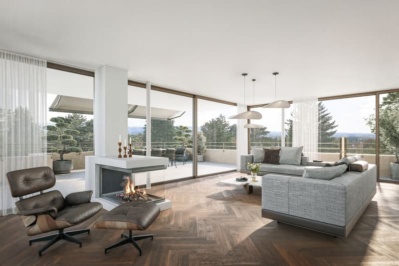 Fireplace, large windows, terrace, wooden parquet floor, elegant chairs, sofa