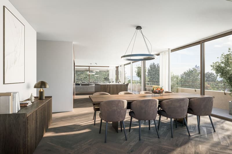 large dining table with chairs, wooden floor, wooden cupboard, open balcony, large windows, ceiling chandelier