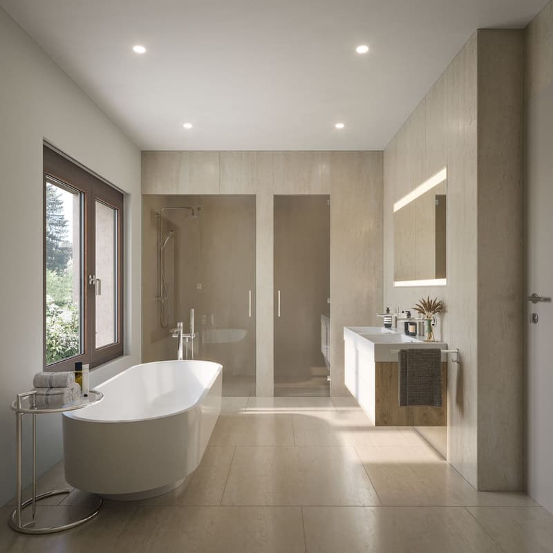a modern bathroom with beige tiles, a large white bathtub, glass walk-in shower, double sink with a wooden vanity, window with wooden frame