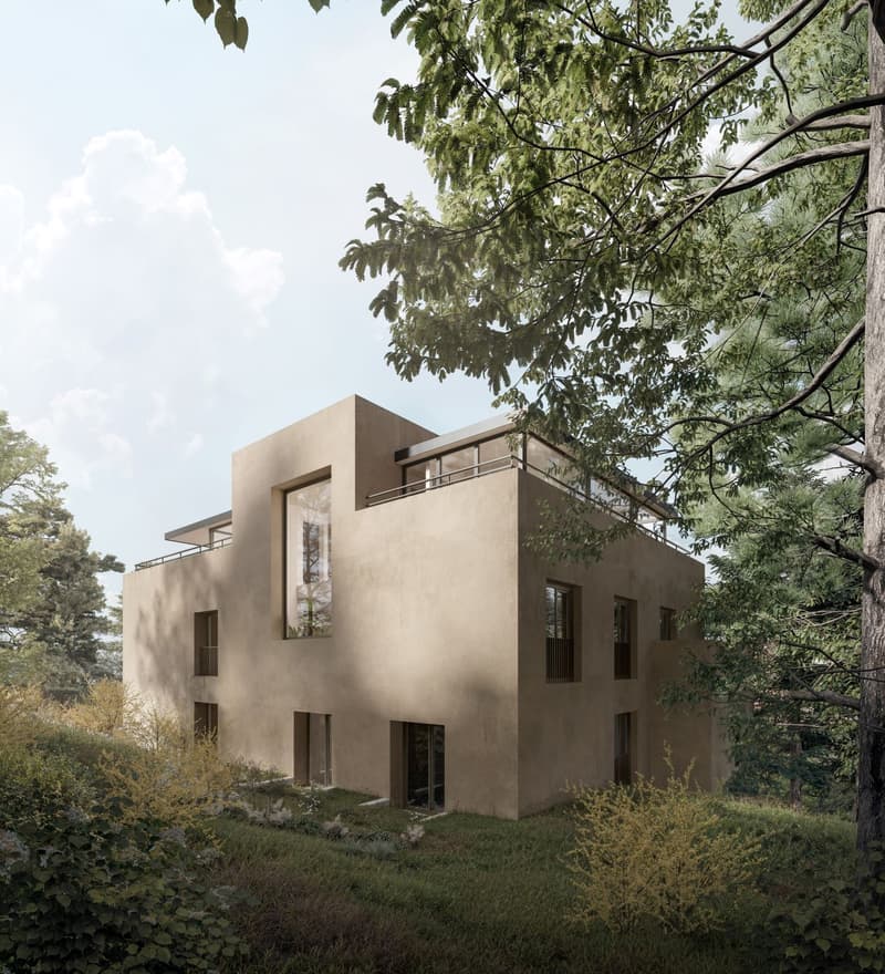 modern house, earthy color, large windows, balcony, situated on a sloped area