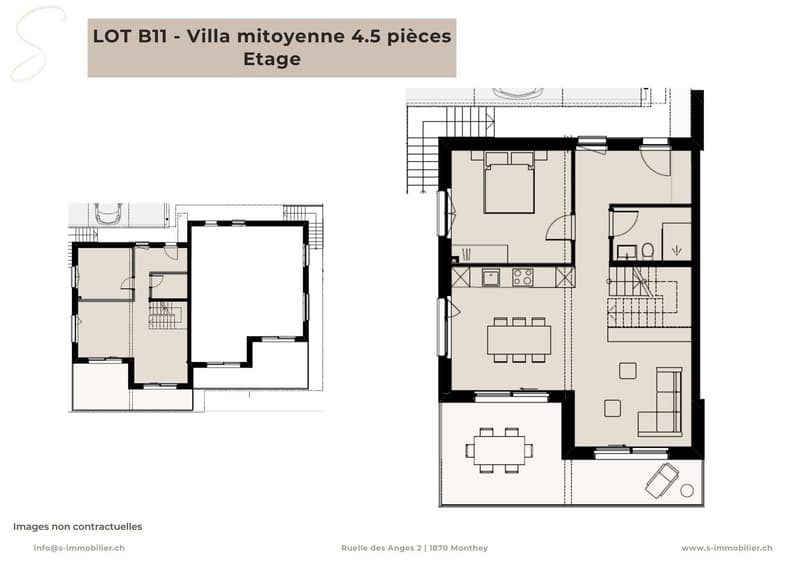 Floor plan of a semi-detached villa with 4.5 rooms, including living room, kitchen, 2 bedrooms, 2 bathrooms, and a garage.