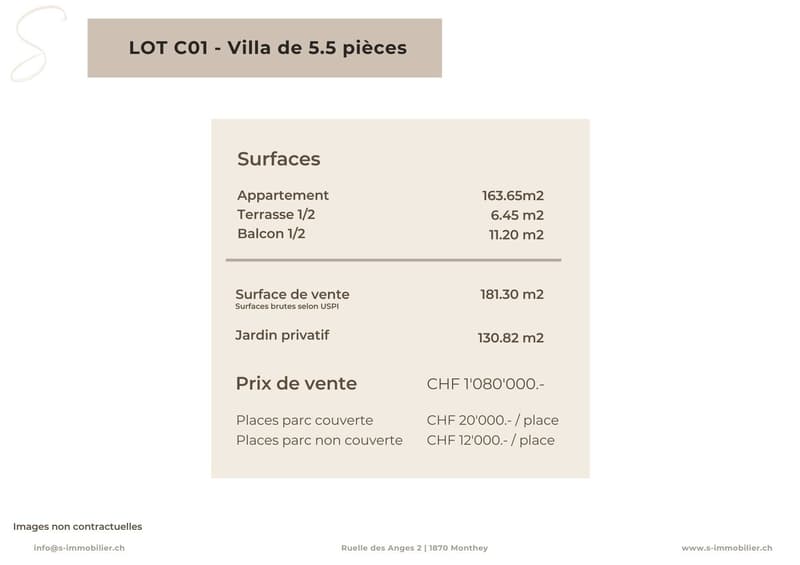 Villa with 5.5 rooms, 163.65m2 apartment, 6.45m2 terrace, 11.20m2 balcony, 181.30m2 total sale surface, 130.82m2 private garden, price CHF 1'080'000, covered parking CHF 20'000, uncovered parking CHF 12'000