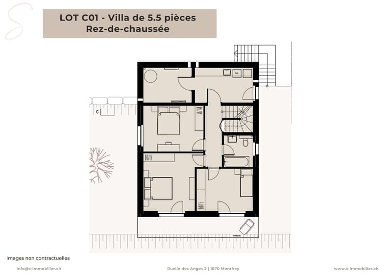 living room, kitchen, 2 bedrooms, 2 bathrooms, raised ground floor