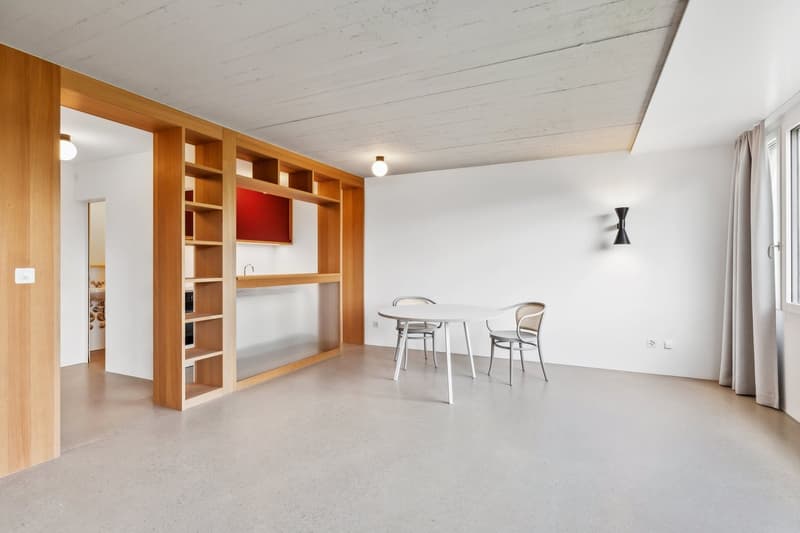 Open-concept studio apartment with wooden shelving unit, white walls, concrete flooring, and a dining table with two chairs