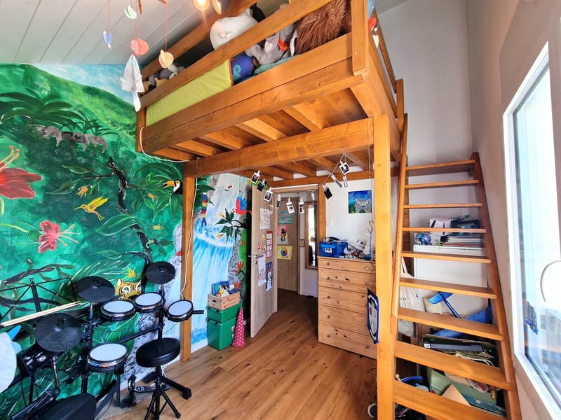 loft bed, wooden floor, mural, drum set, wooden cabinet, ladder