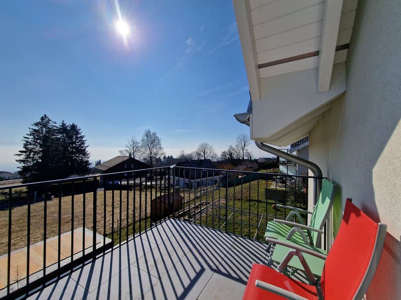 Balcony with metal railing, green lawn, trees, houses, clear sky, sun