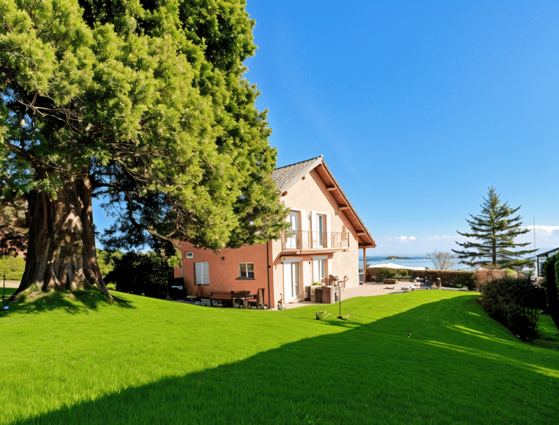 2 story house, pink exterior, balcony, large lawn, sea view